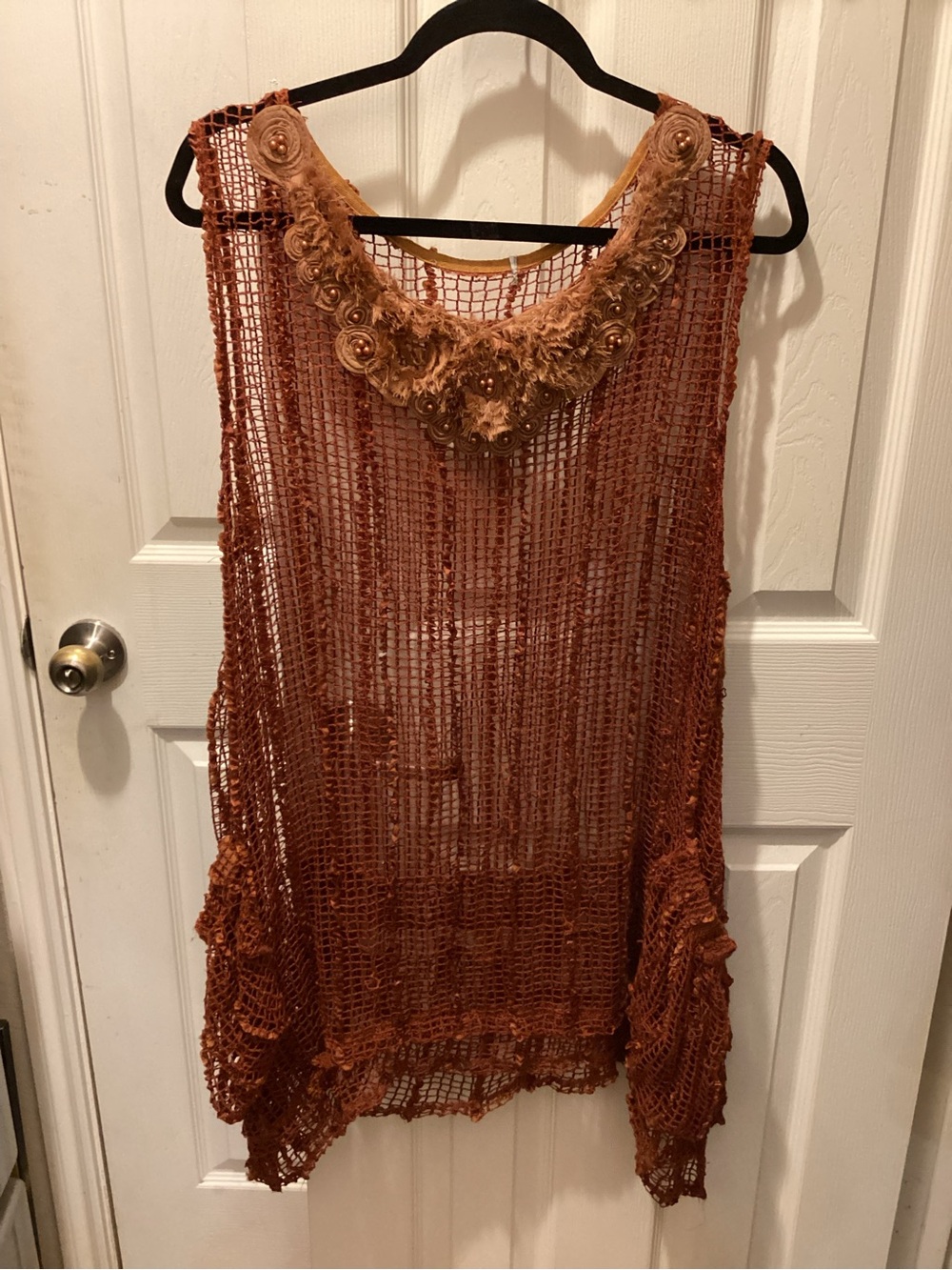 Crochet Open-Weave Tunic with Embellished Neckline - Rust